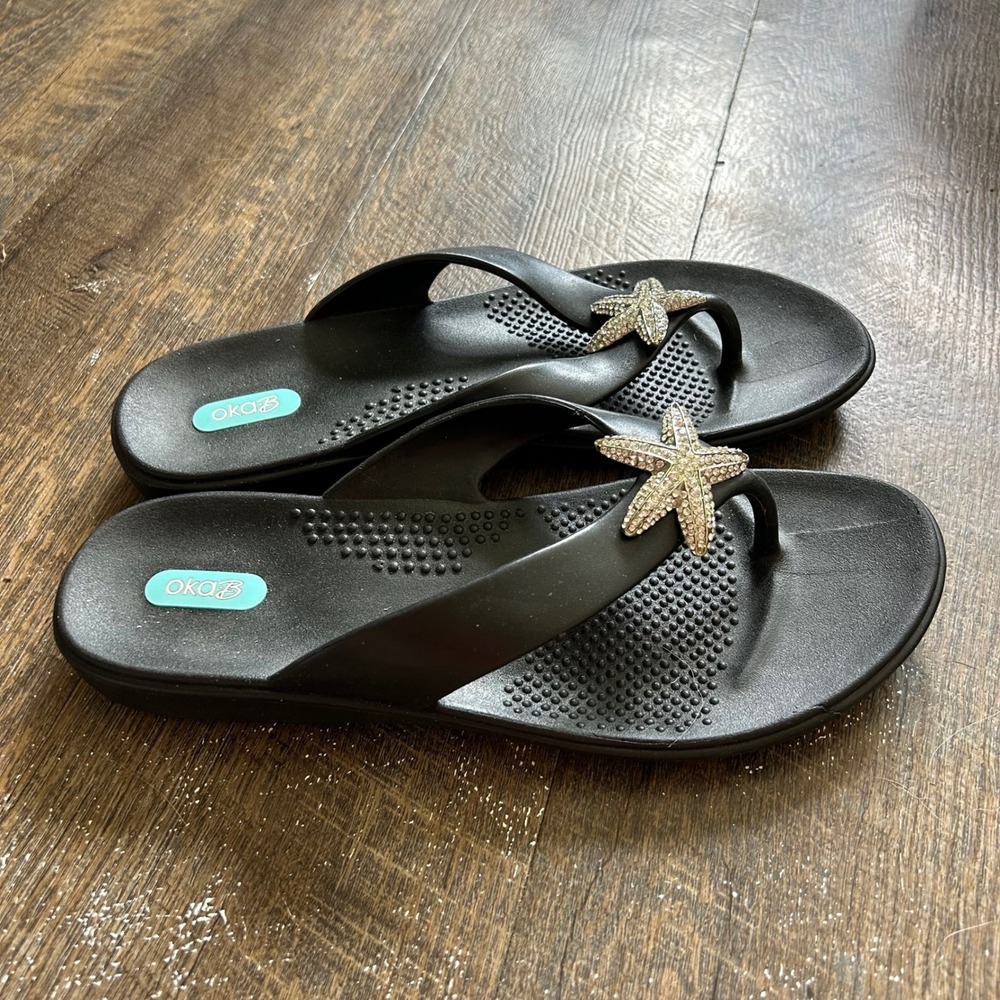 OkaB Yasmina Flip Flop Sandal Licorice Black Silver Starfish Rhinestone Large